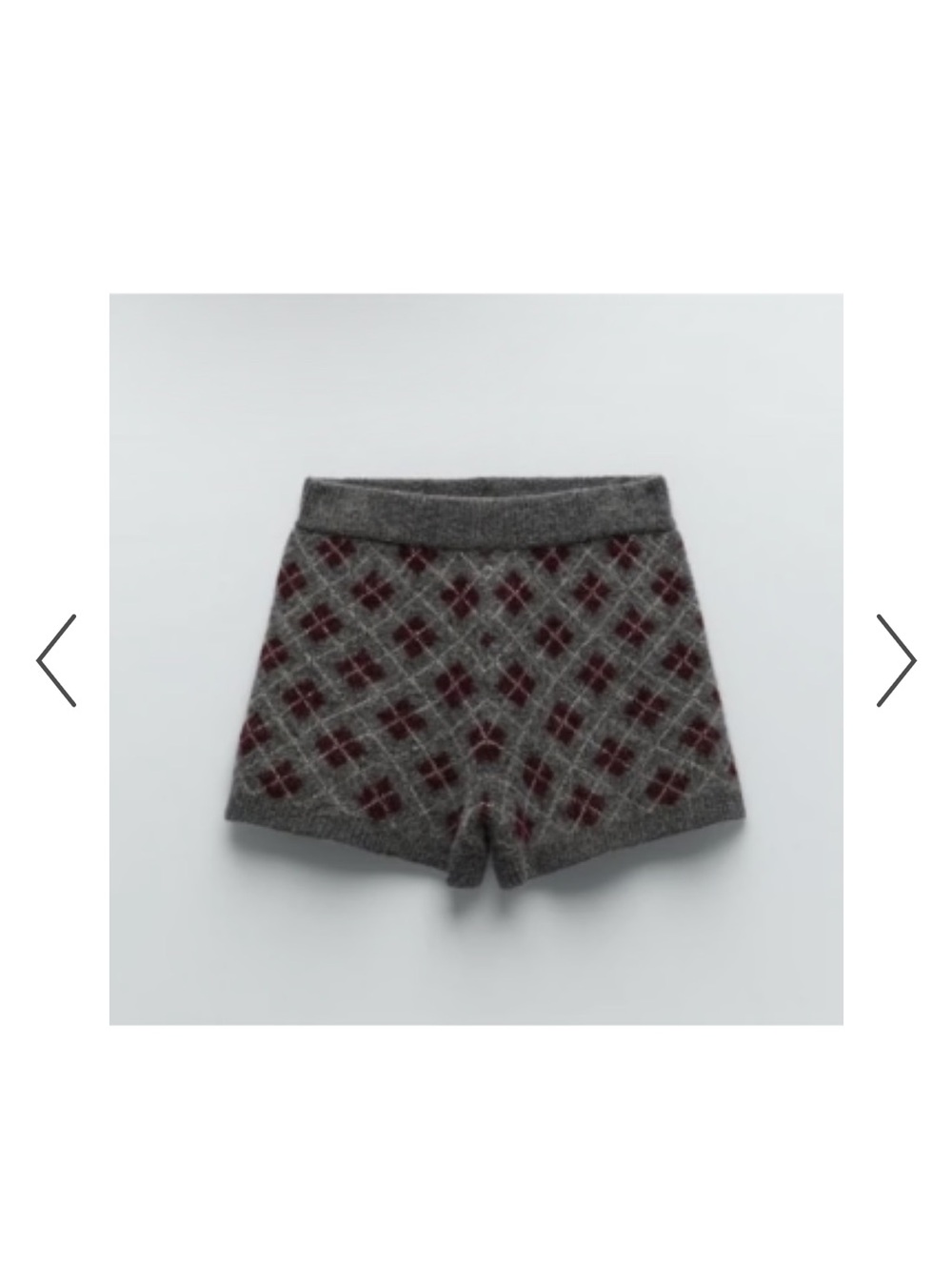 Zara Gray Knit Burgundy Argyle Diamond Detail Wool Blend Shorts - Picture 2 of 6